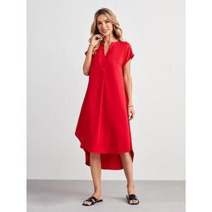 short sleeve Hi low Notched v neck Dip Hem midi Dress red